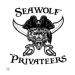A black and white logo featuring a growling wolf wearing a pirate hat with crossed cutlasses behind its head. The wolf has an eye patch, and the text "SEAWOLF PRIVATEERS" is arched above and below the wolf. This emblem represents the fierce spirit of Palm Coast's own Flagler County swashbucklers.