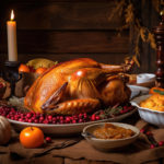 Roasted turkey for Thanksgiving dinner on wooden table AI generative