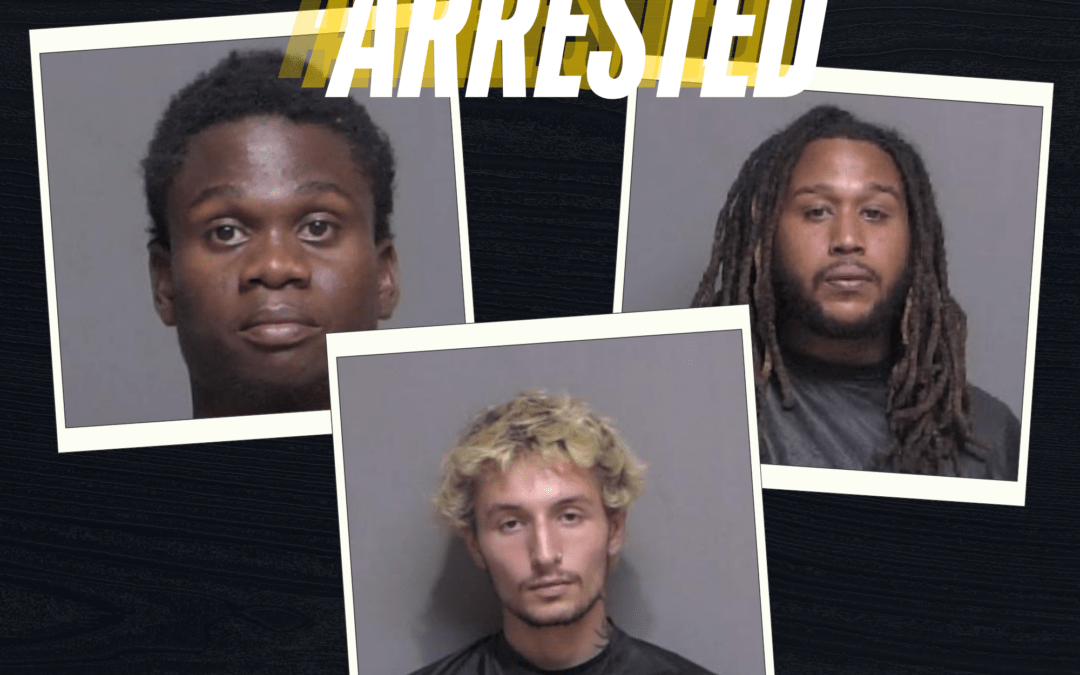 Three mugshots of men with "ARRESTED" written above them in bold yellow letters The top two images feature men with dark hair, one with short hair and one with long dreadlocks The bottom image shows a man with light, tousled hair The background is dark with a textured surface