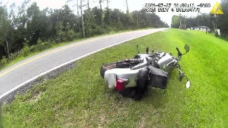 A motorcycle lies on its side on the grass beside a rural road The road is empty, with trees lining the side The weather appears clear