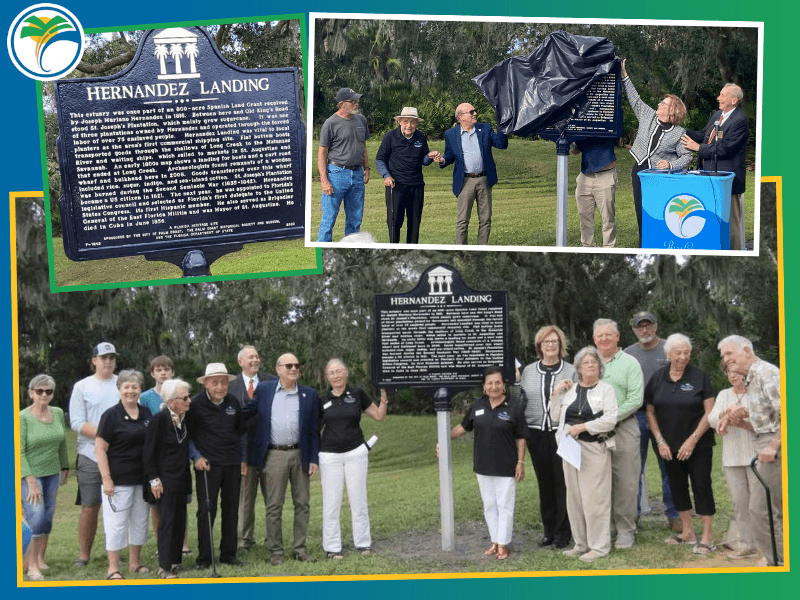 Collage of two images showcasing the unveiling of a historical marker for Hernandez Landing A group of people stands around the marker, which is covered in one photo and uncovered in another One image includes a close up of the marker's text
