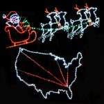 A festive display of Christmas lights shows Santa Claus in a sleigh pulled by four reindeer Below, an outline of the contiguous United States is depicted with red lines extending from the center to various points The background is black