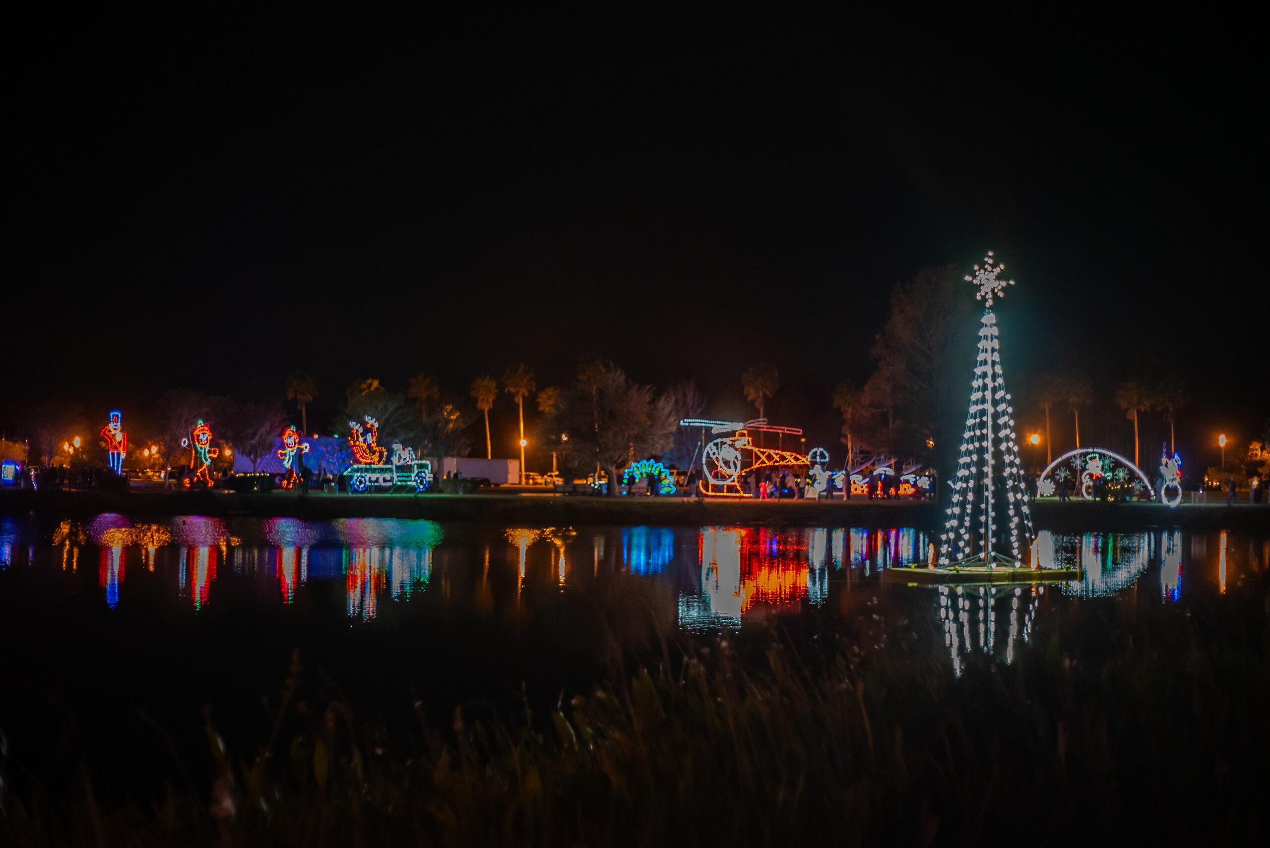 A nighttime scene of festive holiday lights reflecting on a lake Brightly colored decorations and a lit tree are visible along the water's edge, with palm trees silhouetted in the background
