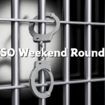 A pair of handcuffs hangs on a set of jail cell bars The text "FCSO Weekend Roundup" is overlaid on the image The background features a soft spotlight on the bars