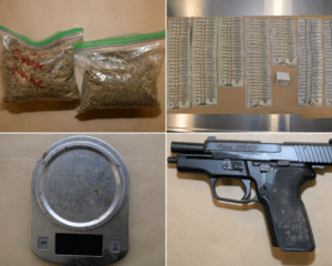 A collage with four images: two bags of leafy substance labeled "Cannabis," an array of dollar bills with a small white box, a digital scale, and a black handgun on a brown background