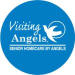 White text on a blue circle reads "Visiting Angels Senior Homecare by Angels" with a white bird graphic beside the word "Angels
