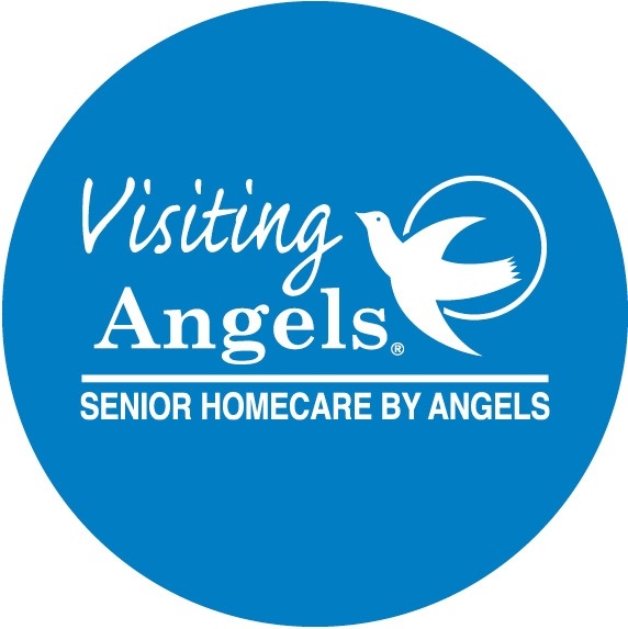 White text on a blue circle reads "Visiting Angels Senior Homecare by Angels" with a white bird graphic beside the word "Angels