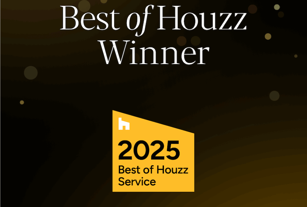 Graphic with "SERVICE Best of Houzz Winner" at the top and a yellow badge reading " Best of Houzz Service" below, on a dark background with gold dots #BESTOFHOUZZ appears at the bottom