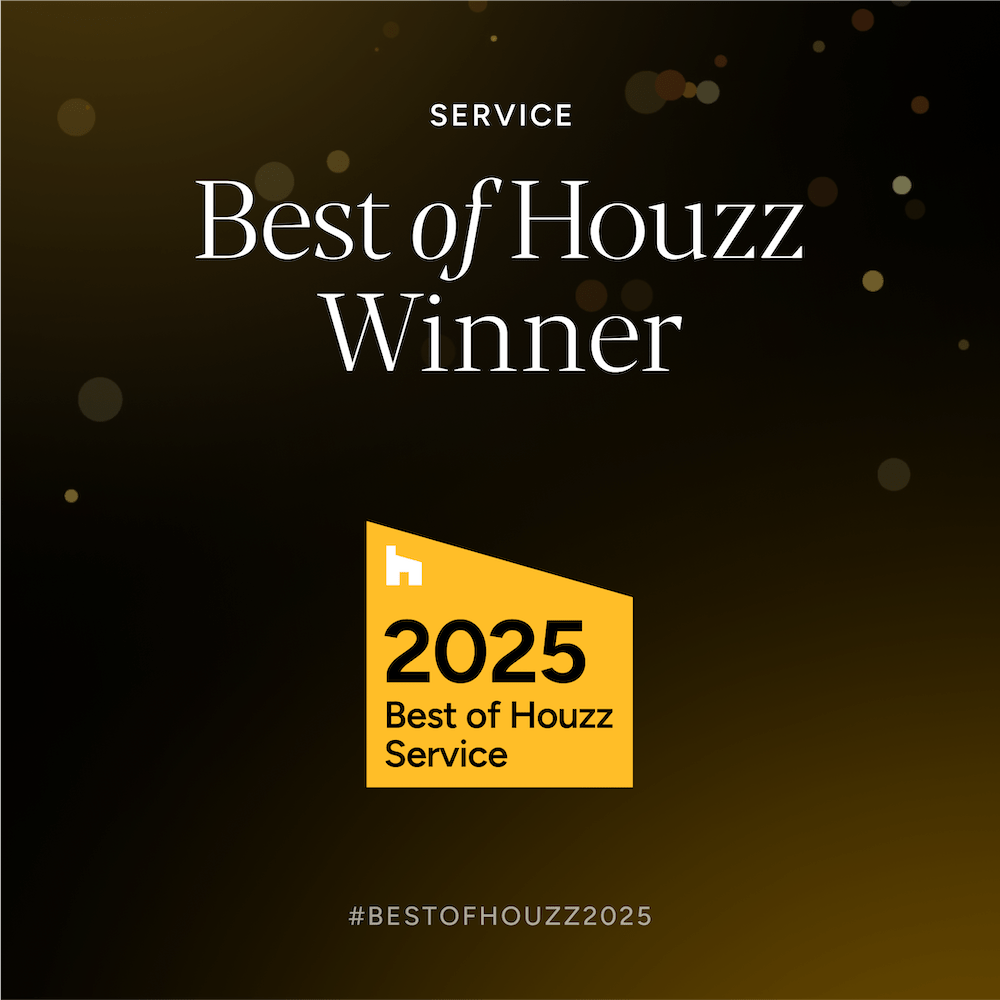Graphic with "SERVICE Best of Houzz Winner" at the top and a yellow badge reading " Best of Houzz Service" below, on a dark background with gold dots #BESTOFHOUZZ appears at the bottom