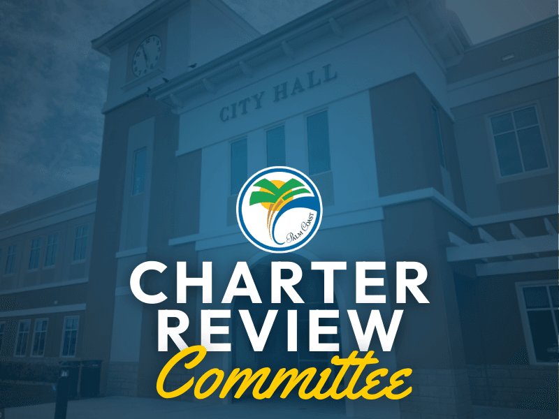 Image of a city hall building with a clock tower Overlaid text reads "Charter Review Committee" with a circular logo featuring a palm tree and the word "Plantation