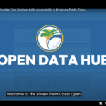 A blue screen displays the Palm Coast city logo above the words "OPEN DATA HUB " A video caption at the bottom reads, "Welcome to the all new Palm Coast Open