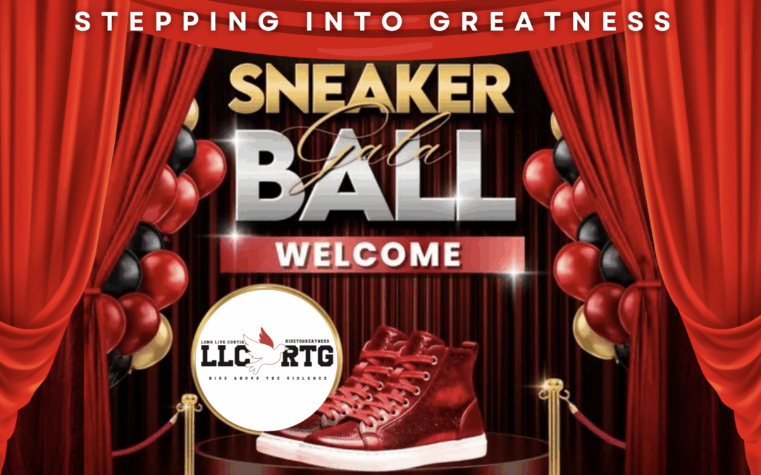 Red curtains frame a stage with red, black, and gold balloons Text reads "Sneaker Gala Ball Welcome " A pair of red sneakers and a white logo are displayed in front Top text says, "Stepping Into Greatness