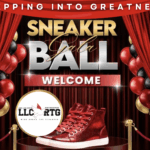 Red curtains frame a stage with red, black, and gold balloons Text reads "Sneaker Gala Ball Welcome " A pair of red sneakers and a white logo are displayed in front Top text says, "Stepping Into Greatness