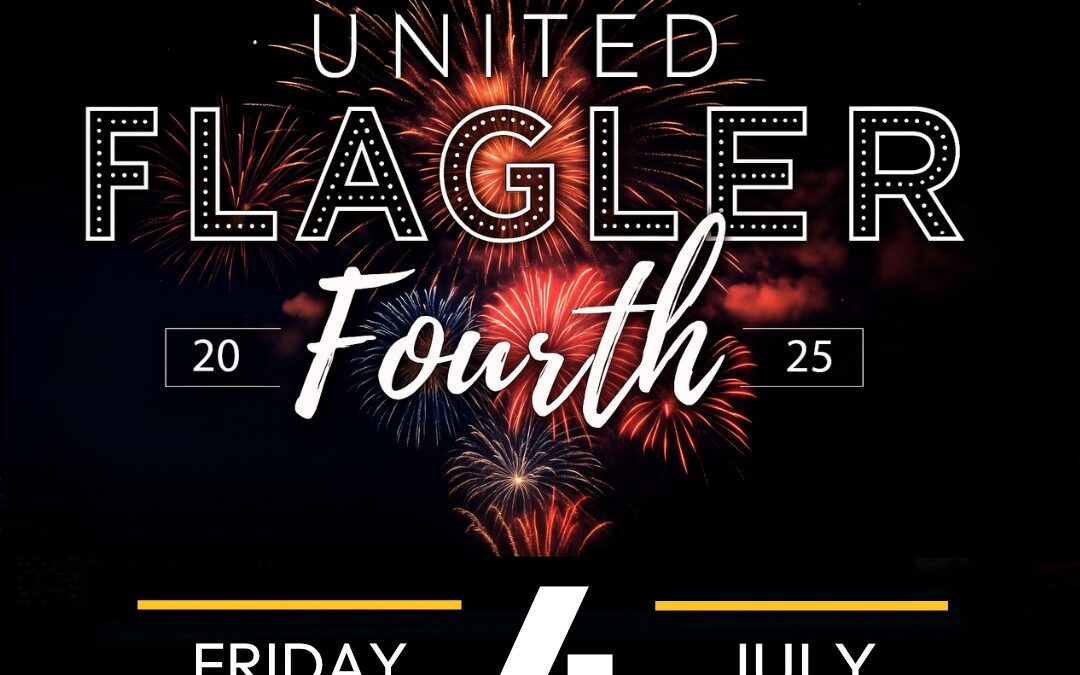 Event poster for United Flagler Fourth with fireworks in the background, logos of local cities, and event details: Friday, July Includes a website for more information: www unitedflaglerth com