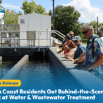 A group of Palm Coast residents stand by a large outdoor water treatment tank, observing the facility during a behind the scenes tour on a sunny day A news release headline is overlaid at the bottom of the image