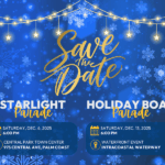 Blue and gold "Save the Date" invite with snowflakes and string lights Details for two events: Starlight Parade at Central Park Town Center and Holiday Boat Parade at Intracoastal Waterway, both on Dec and Dec , , PM