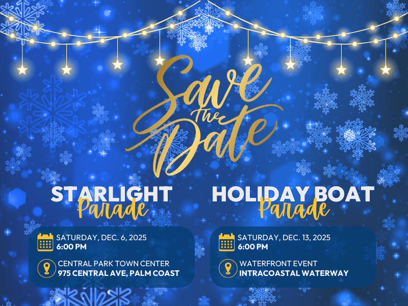 Blue and gold "Save the Date" invite with snowflakes and string lights Details for two events: Starlight Parade at Central Park Town Center and Holiday Boat Parade at Intracoastal Waterway, both on Dec and Dec , , PM