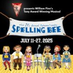 Six cartoon spelling bee contestants sit on chairs under a banner reading "The th Annual Putnam County Spelling Bee " Text above announces the musical and dates: July –,