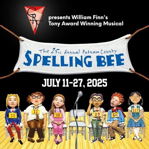 Six cartoon spelling bee contestants sit on chairs under a banner reading "The th Annual Putnam County Spelling Bee " Text above announces the musical and dates: July –,