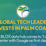 A promotional graphic with the Palm Coast logo and text: "GLOBAL TECH LEADER INVESTS IN PALM COAST DC BLOX data hub comes to Town Center with Google as first client