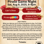 Save the date flyer for “Pirate Game Night” on August , , pm at Palm Coast Community Center Lists games, ticket prices, and prize info, decorated with pirate images, event details, and Seawolf Privateers logo