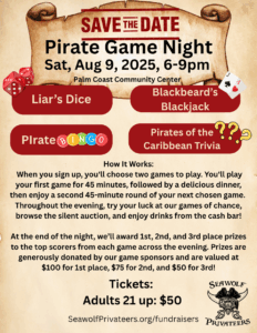 Save the date flyer for “Pirate Game Night” on August , , pm at Palm Coast Community Center Lists games, ticket prices, and prize info, decorated with pirate images, event details, and Seawolf Privateers logo
