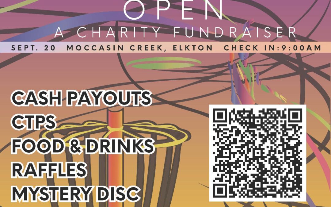 A colorful flyer for the "Second Chance Open" charity fundraiser at Moccasin Creek, Elkton on Sept Features disc golf imagery, event details, prize list, and logos for Flagler OARS, Discover & Recover, and St Augustine Disc Golf