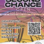 A colorful flyer for the "Second Chance Open" charity fundraiser at Moccasin Creek, Elkton on Sept Features disc golf imagery, event details, prize list, and logos for Flagler OARS, Discover & Recover, and St Augustine Disc Golf