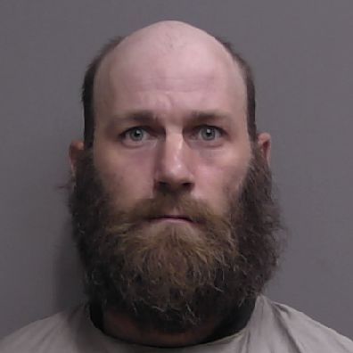 A man with a bald head, full brown beard, and mustache stares directly ahead with a neutral expression against a plain gray background