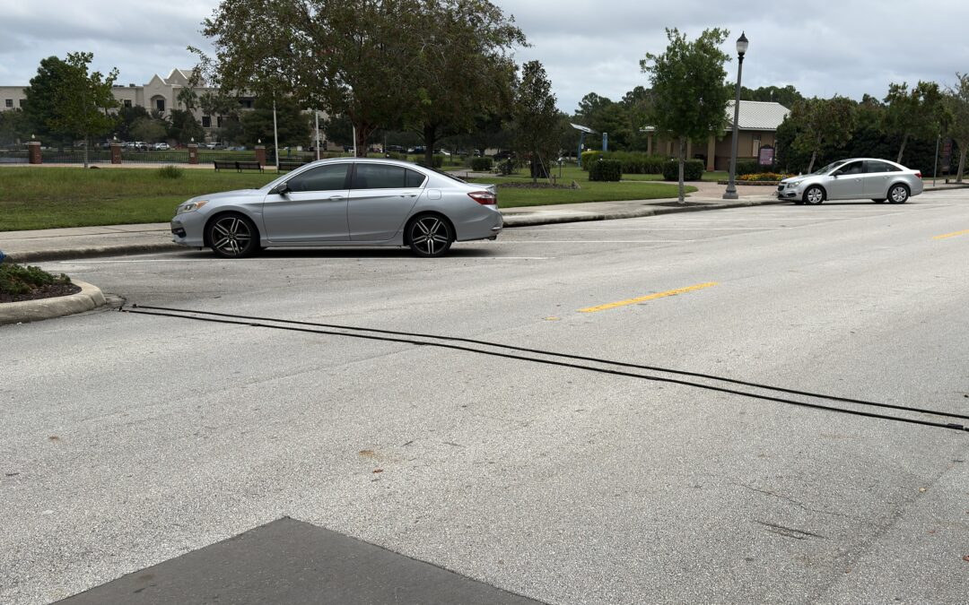 Two silver cars are parked along a quiet street lined with some trees A blue fire hydrant is on the sidewalk, and two black cables stretch across the road under a cloudy sky