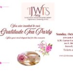 Invitation for a "Gratitude Tea Party" with pink floral borders, featuring a teacup and saucer with roses Event details: Sunday, October , , – pm at G W Carver Community Center, Bunnell, FL Tickets: $