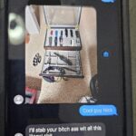 A phone screen shows a text conversation with an image of a tool case containing several tools Below, a message reads, "I'll stab your bitch ass wit all this illegal shit
