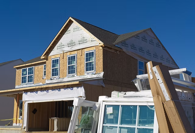 A two story house under construction with exposed wooden framing, partially installed windows, and building materials stacked in front of it, set against a clear blue sky