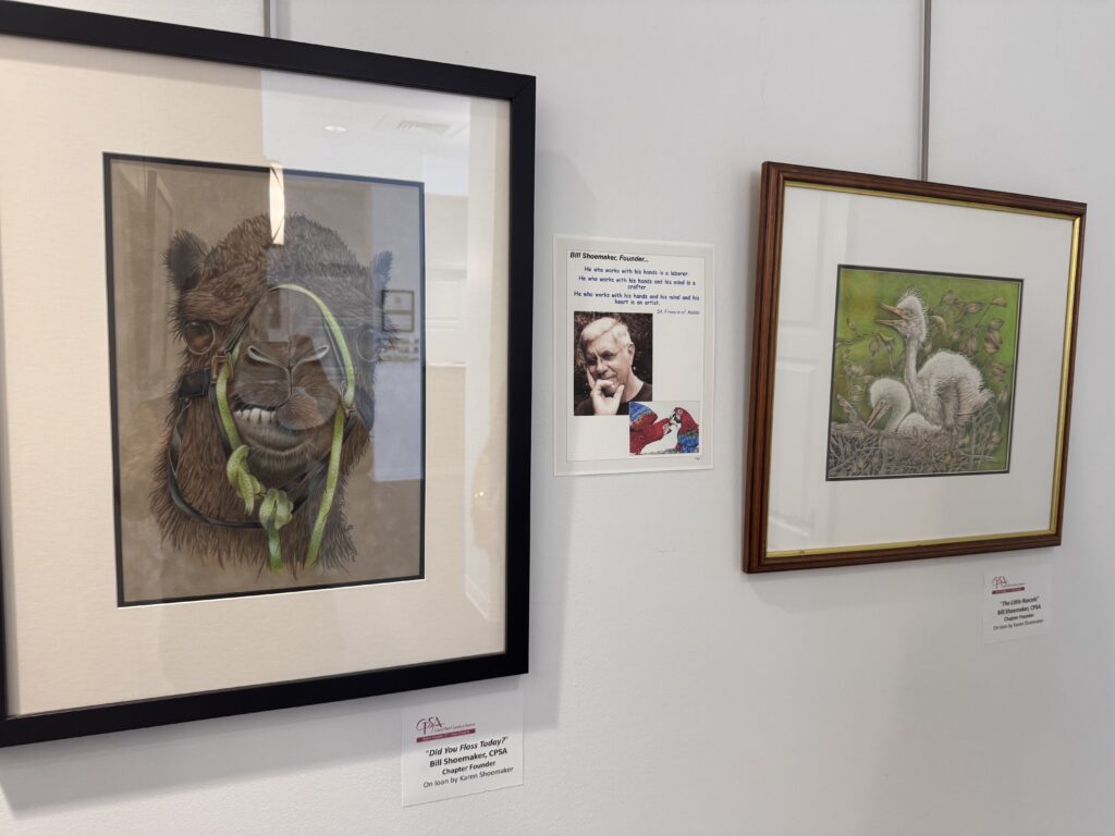 Two framed animal artworks hang on a white wall The left shows a smiling camel with green reins, while the right features two white birds in grass A small poster with a photo and text is displayed between them