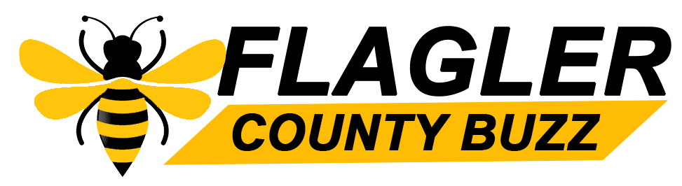 Logo for "Flagler County Buzz" featuring a stylized black and yellow bee to the left of bold text "FLAGLER" is in black, while "COUNTY BUZZ" is in yellow on a yellow banner