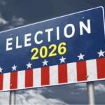 A blue sign with the word "ELECTION" in white letters, "" in bold yellow, five white stars, and red and white stripes, set against a cloudy sky background