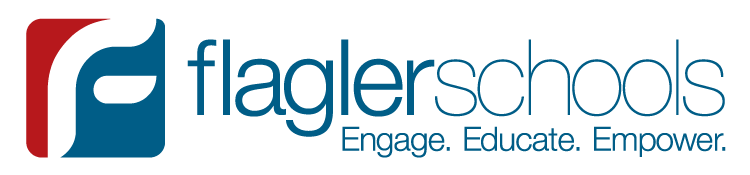 Flagler Schools logo with a stylized "F" in a red and blue square, next to the text "flagler schools" and the tagline "Engage Educate Empower
