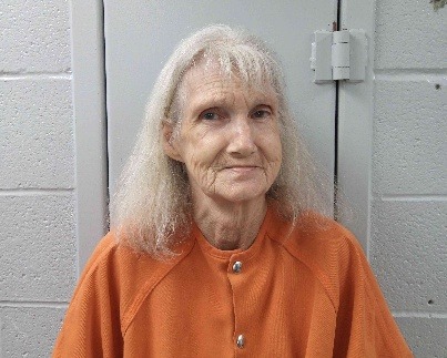 An older woman with long, light gray hair and a slight smile wears an orange prison jumpsuit, seated against a light colored cinderblock wall and a metal door