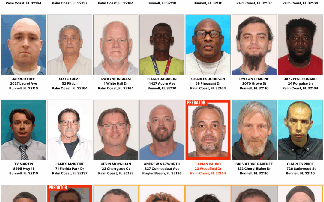Infographic with photos, names, and addresses of sexual offenders on probation in Flagler County, Florida Header warns to avoid these residences during Halloween Banner at the bottom notes these are not registered sex offenders
