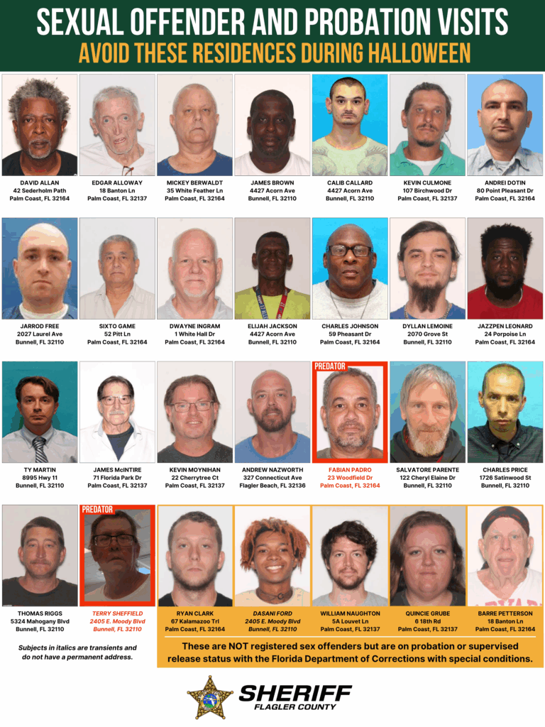 Infographic with photos, names, and addresses of sexual offenders on probation in Flagler County, Florida Header warns to avoid these residences during Halloween Banner at the bottom notes these are not registered sex offenders