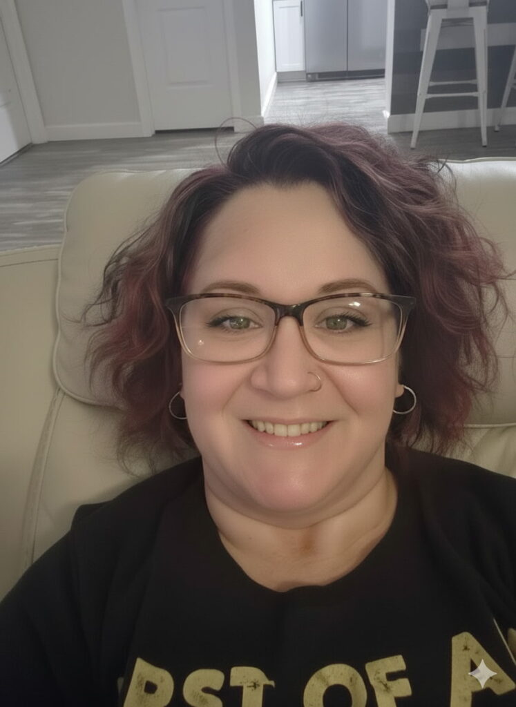 A woman with wavy, shoulder length hair and glasses smiles while sitting on a light colored chair in a modern, well lit room with visible doors and a kitchen in the background