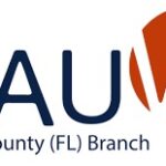 Logo for the AAUW Flagler County (FL) Branch The design features "AAUW" in bold letters with "Flagler County (FL) Branch" underneath and a stylized orange circular emblem with a white "W" on the right