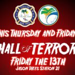 Event flyer with Palm Coast Fire Department and city logos Text reads: "This Thursday and Friday! Hall of Terror Friday the th Jason takes station ," on a red and black background
