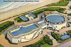Aerial illustration of Marine Studios in Marineland, Florida, showing two large circular and rectangular pools, pathways, and green landscaping near the beach