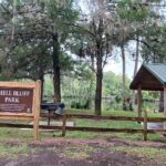 A wooden sign for Shell Bluff Park stands near a covered picnic area and grill, surrounded by tall trees and facing a calm river or lake in a lush, green setting