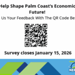 A flyer asks for feedback to help shape Palm Coast’s economic future, featuring a QR code and stating the survey closes January , The NEFRC logo is at the bottom on a blue patterned background