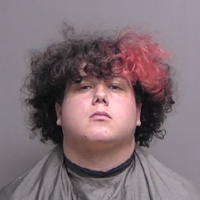 A person with curly dark hair featuring a prominent section dyed red on one side, wearing a draped garment, facing forward against a plain background A person with curly dark hair featuring a prominent section dyed red on one side, wearing a draped garment, facing forward against a plain background