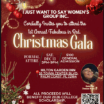 Festive Christmas gala invitation with red and gold decorations, announcing the "Fabulous in Red" event by IWJS Women's Group Inc , on Dec , at Hilton Garden Inn in Palm Coast, FL, featuring Denise Raye
