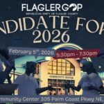 Illustrated banner for the Flagler GOP Candidate Forum , showing silhouettes of speakers at podiums in front of the Palm Coast Community Center Event details and location info are displayed on the image
