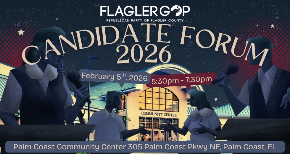Illustrated banner for the Flagler GOP Candidate Forum , showing silhouettes of speakers at podiums in front of the Palm Coast Community Center Event details and location info are displayed on the image Illustrated banner for the Flagler GOP Candidate Forum , showing silhouettes of speakers at podiums in front of the Palm Coast Community Center Event details and location info are displayed on the image